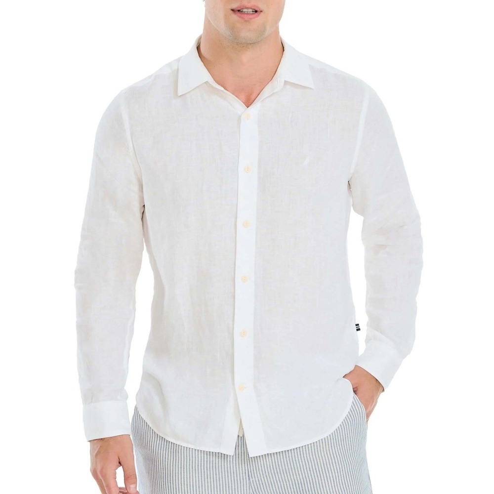 NWT Nautica Linen Button Down Shirt Men's Medium White Linen